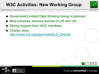 W3C Activities: New Working Group<br />Government Linked Data Working Group is planned<br />Best practices, lessons learne...