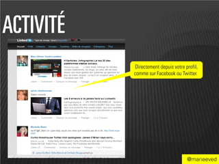 ACTIVITÉ
           Directement depuis votre profil,
           comme sur Facebook ou Twitter..




                                     @marieeved
 