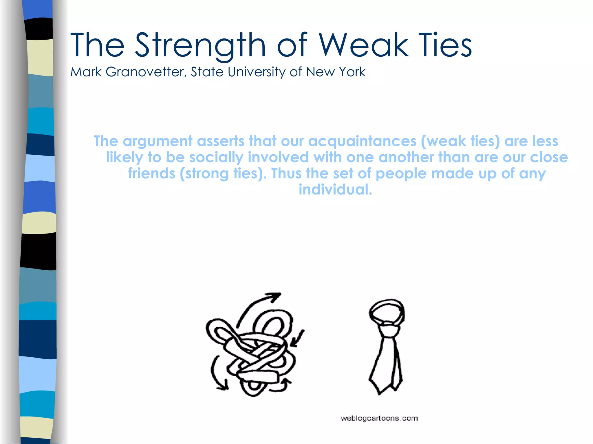 The Strength of Weak Ties Mark Granovetter, State University of New York The argument asserts that our acquaintances (weak ties) are less likely to be socially involved with one another than are our close friends (strong ties). Thus the set of people made up of any individual.   