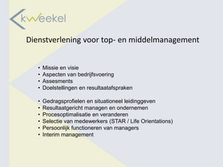 Dienstverlening voor top- en middelmanagement


   •   Missie en visie
   •   Aspecten van bedrijfsvoering
   •   Assesments
   •   Doelstellingen en resultaatafspraken

   •   Gedragsprofielen en situationeel leidinggeven
   •   Resultaatgericht managen en ondernemen
   •   Procesoptimalisatie en veranderen
   •   Selectie van medewerkers (STAR / Life Orientations)
   •   Persoonlijk functioneren van managers
   •   Interim management
 