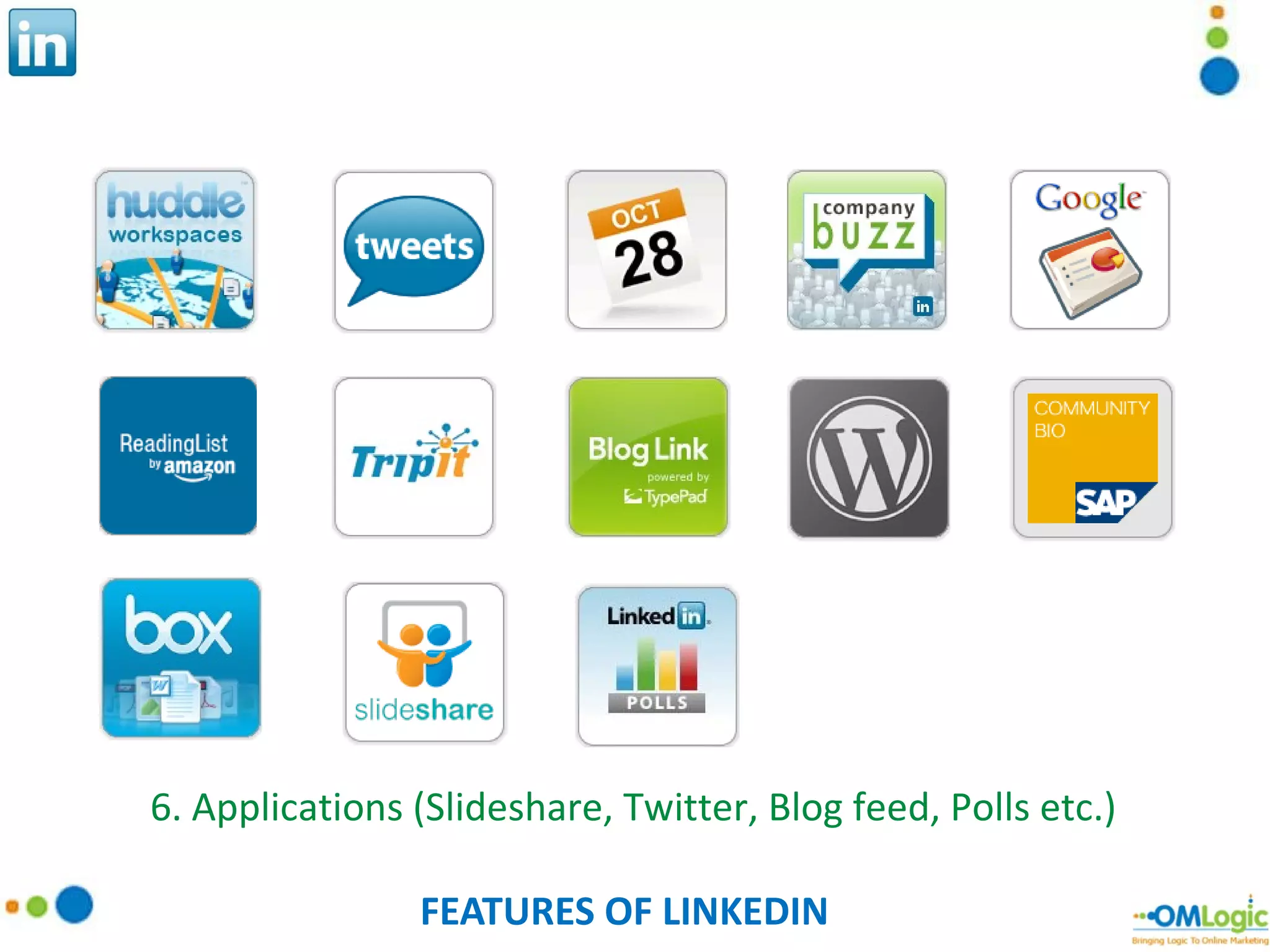 FEATURES OF LINKEDIN 6. Applications (Slideshare, Twitter, Blog feed, Polls etc.)  