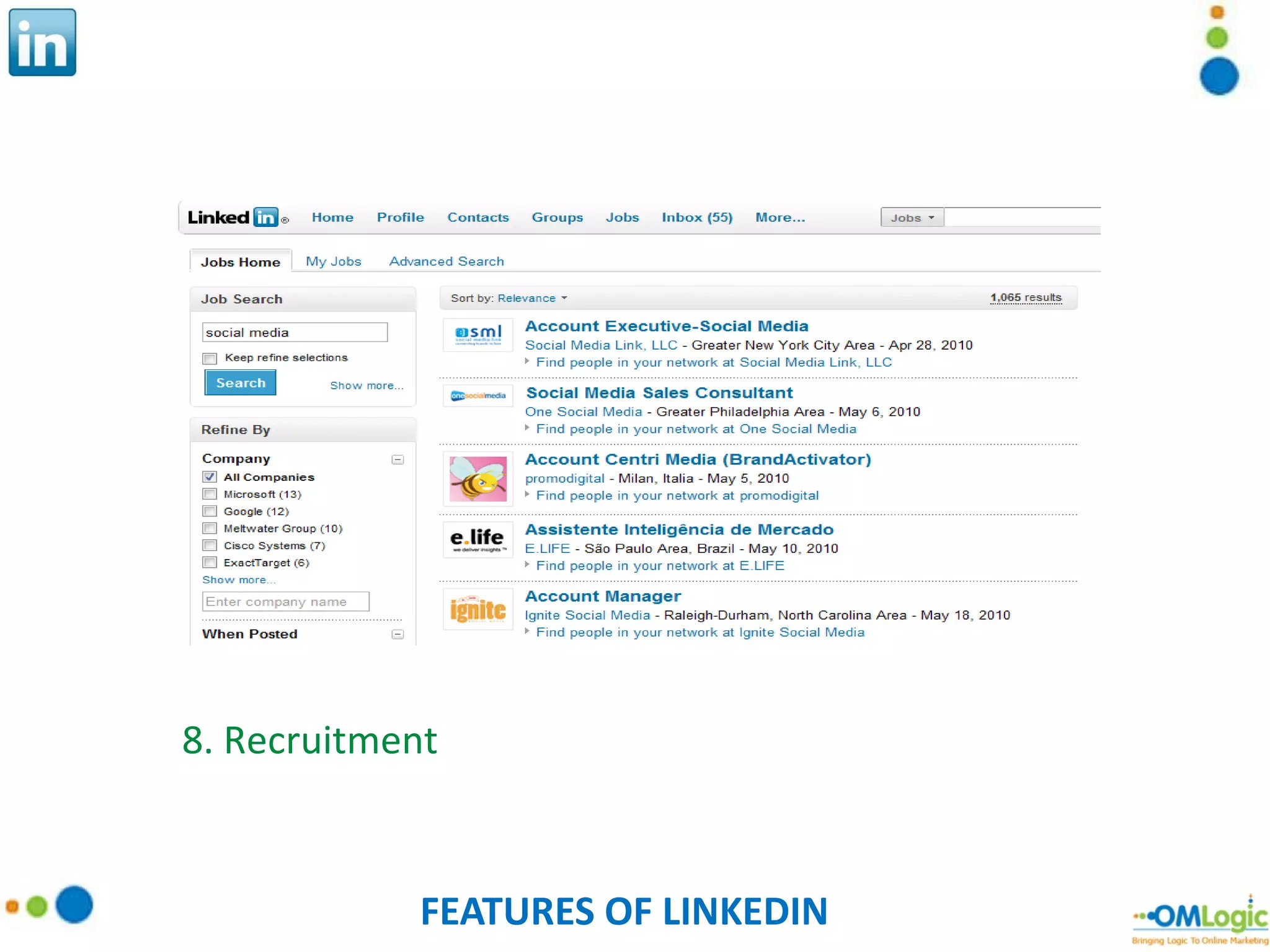FEATURES OF LINKEDIN 8. Recruitment 