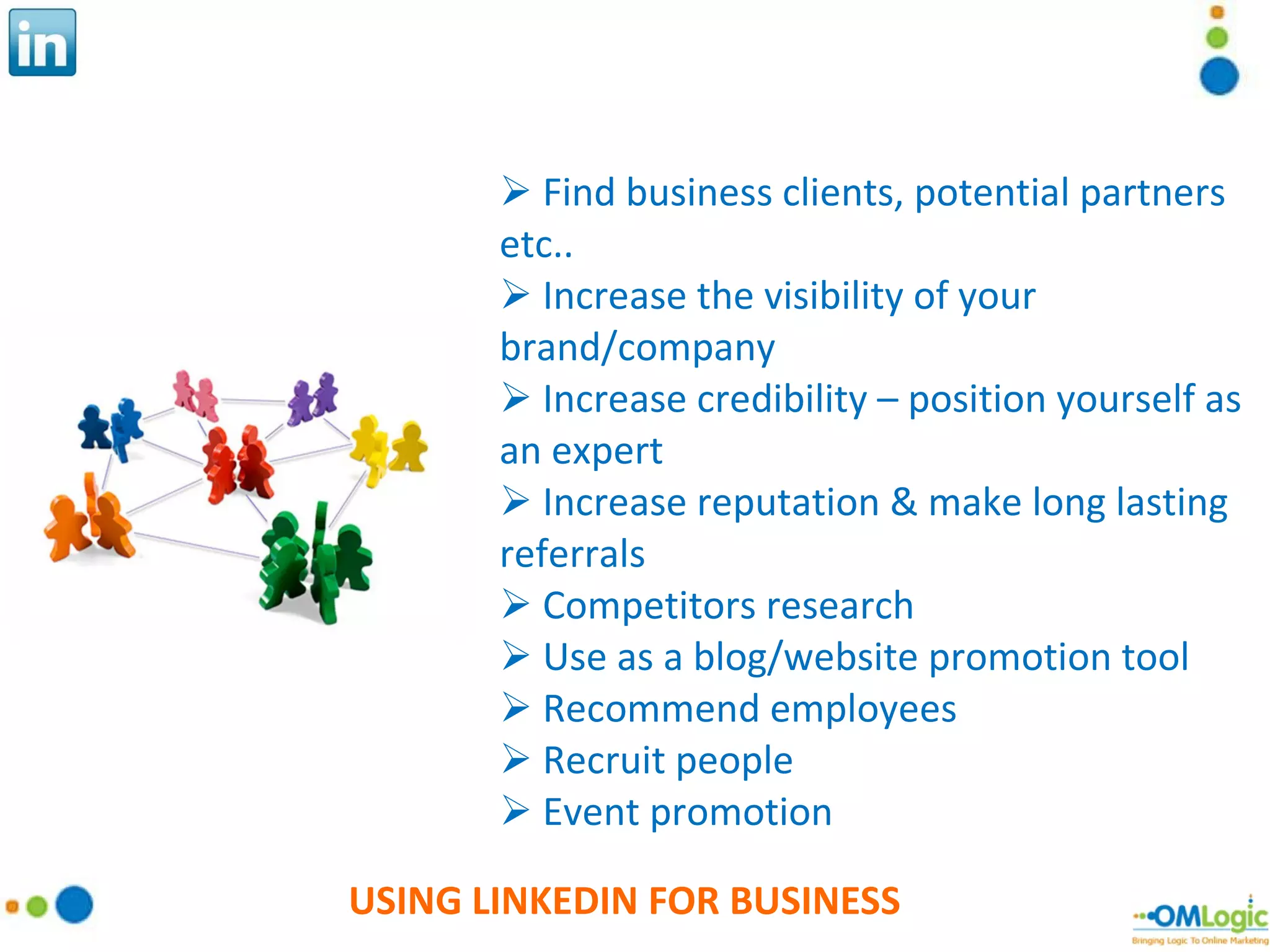 USING LINKEDIN FOR BUSINESS Find business clients, potential partners etc.. Increase the visibility of your brand/company Increase credibility – position yourself as an expert Increase reputation & make long lasting referrals Competitors research Use as a blog/website promotion tool Recommend employees Recruit people Event promotion 