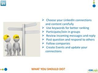 WHAT YOU SHOULD DO? <ul><li>Choose your LinkedIn connections and content carefully </li></ul><ul><li>Use keywords for bett...