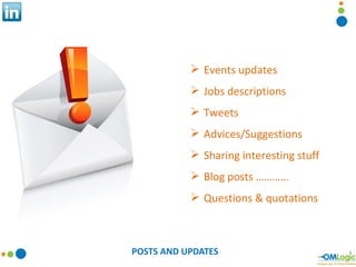 POSTS AND UPDATES <ul><li>Events updates </li></ul><ul><li>Jobs descriptions </li></ul><ul><li>Tweets </li></ul><ul><li>Ad...