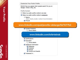 Your Profile




                                      www.linkedin.com/pub/jennifer-debarge/56/767/7b2
                                      www.linkedin.com/pub/jennifer-debarge/56/767/7b2



                                               www.linkedin.com/in/kristinsb
                                               www.linkedin.com/in/kristinsb
          © 2012, Sundin Associates
 