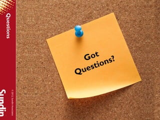 ti o ns?
                ot
               es
              G
            Qu
                            © 2012, Sundin Associates
Questions
 