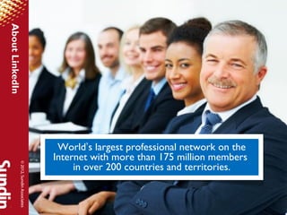 About LinkedIn




                                         World’s largest professional network on the
                                        Internet with more than 175 million members
                                             in over 200 countries and territories.
            © 2012, Sundin Associates
 