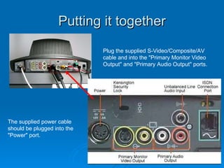 Putting it together Plug the supplied S-Video/Composite/AV cable and into the "Primary Monitor Video Output" and "Primary Audio Output" ports.  The supplied power cable should be plugged into the "Power" port.  