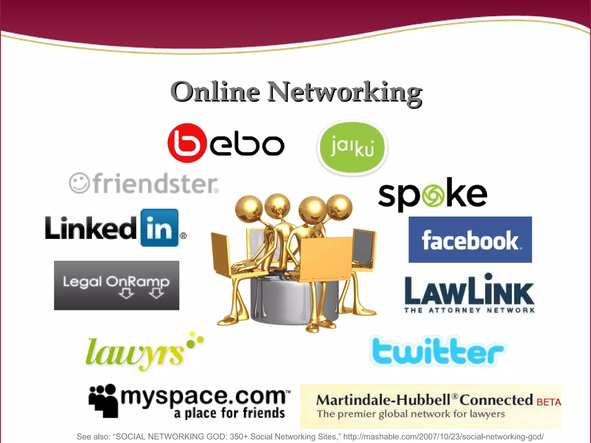 Online Networking See also: “SOCIAL NETWORKING GOD: 350+ Social Networking Sites,” http://mashable.com/2007/10/23/social-networking-god/ 