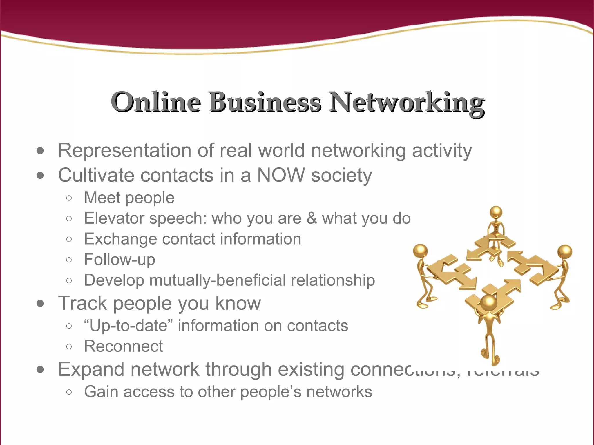 Representation of real world networking activity Cultivate contacts in a NOW society Meet people Elevator speech: who you are & what you do Exchange contact information Follow-up Develop mutually-beneficial relationship Track people you know “ Up-to-date” information on contacts Reconnect Expand network through existing connections, referrals Gain access to other people’s networks Online Business Networking 