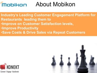 About Mobikon


Industry’s Leading Customer Engagement Platform for
Restaurants leading them to
•Improve on Customer Satisfaction levels,
•Improve Productivity
•Save Costs & Drive Sales via Repeat Customers
 
