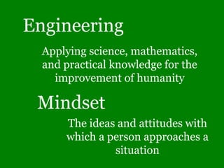Engineering Applying science, mathematics, and practical knowledge for the improvement of humanity Mindset  The ideas and attitudes with which a person approaches a situation 