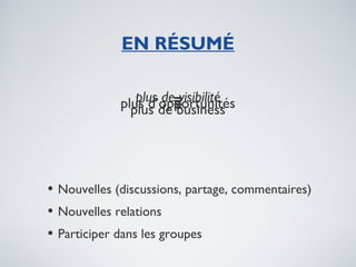 EN RÉSUMÉ

                plus de=visibilité
             plus d’opportunités
               plus de =
                       business




• Nouvelles (discussions, partage, commentaires)
• Nouvelles relations
• Participer dans les groupes
 
