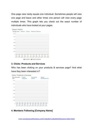 One page view rarely equals one individual. Sometimes people will view
one page and leave and other times one person will view every page
multiple times. This graph lets you check out the exact number of
individuals who have looked at your pages.
3. Clicks: Products and Services
Who has been clicking on your products & services page? And what
have they been interested in?
4. Members Following [Company Name]
www.socializeyourbusiness.com/Linkedin/Linkedinforbusiness/index.html
 