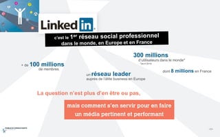 + de 100 millions
de membres
300 millions
d’utilisateurs dans le monde*
8 millions en Francedont
*(avril 2014)
un réseau leader
auprès de l’élite business en Europe
La question n’est plus d’en être ou pas,
mais comment s’en servir pour en faire
un média pertinent et performant
<2>
 