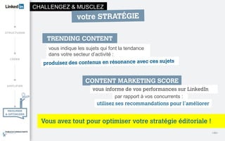 CHALLENGEZ & MUSCLEZ
TRENDING CONTENT
vous indique les sujets qui font la tendance
dans votre secteur d’activité :
<32>
Vous avez tout pour optimiser votre stratégie éditoriale !
par rapport à vos concurrents :
CONTENT MARKETING SCORE
vous informe de vos performances sur LinkedIn
utilisez ses recommandations pour l’améliorer
 