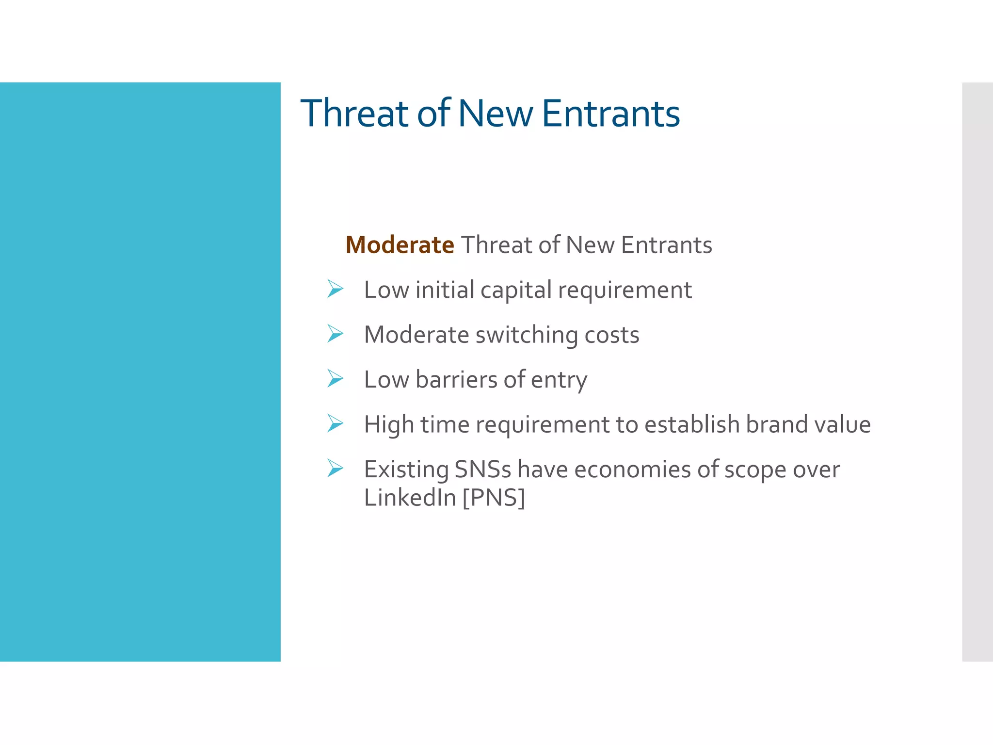 Moderate Threat of New Entrants
 Low initial capital requirement
 Moderate switching costs
 Low barriers of entry
 High time requirement to establish brand value
 Existing SNSs have economies of scope over
LinkedIn [PNS]
Threat of New Entrants
 