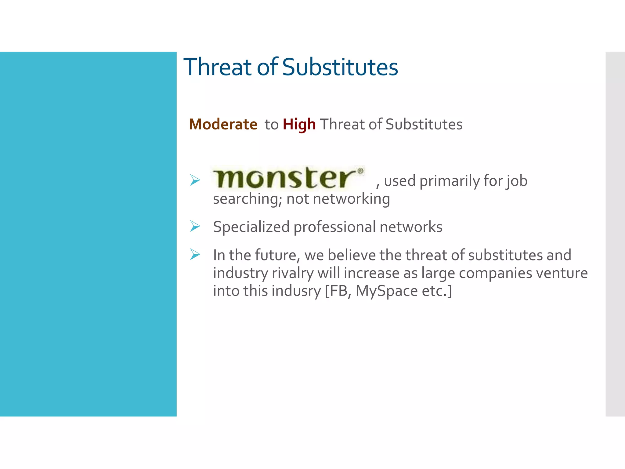 Threat ofSubstitutes
Moderate to High Threat of Substitutes
 , used primarily for job
searching; not networking
 Specialized professional networks
 In the future, we believe the threat of substitutes and
industry rivalry will increase as large companies venture
into this indusry [FB, MySpace etc.]
 