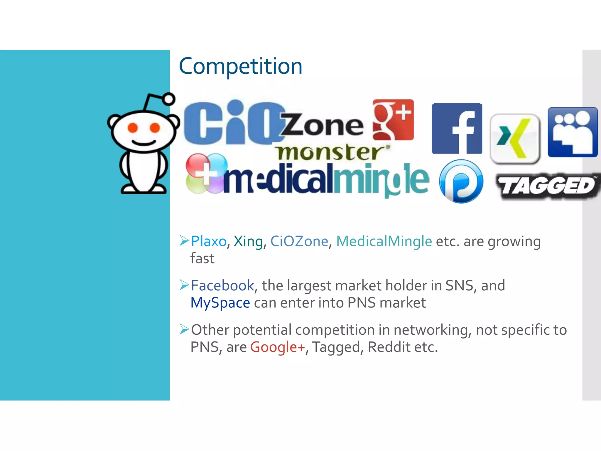 Competition
Plaxo, Xing, CiOZone, MedicalMingle etc. are growing
fast
Facebook, the largest market holder in SNS, and
MySpace can enter into PNS market
Other potential competition in networking, not specific to
PNS, are Google+,Tagged, Reddit etc.
 