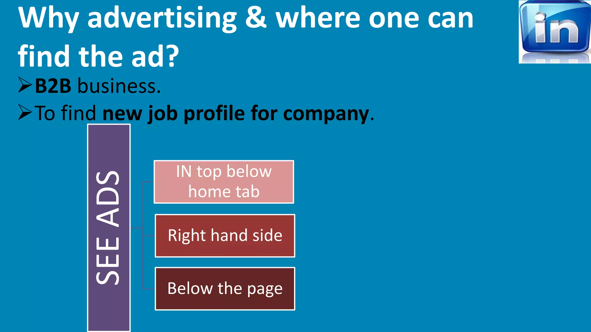 Why advertising & where one can 
find the ad? 
B2B business. 
To find new job profile for company. 
SEE ADS 
IN top below 
home tab 
Right hand side 
Below the page 
 