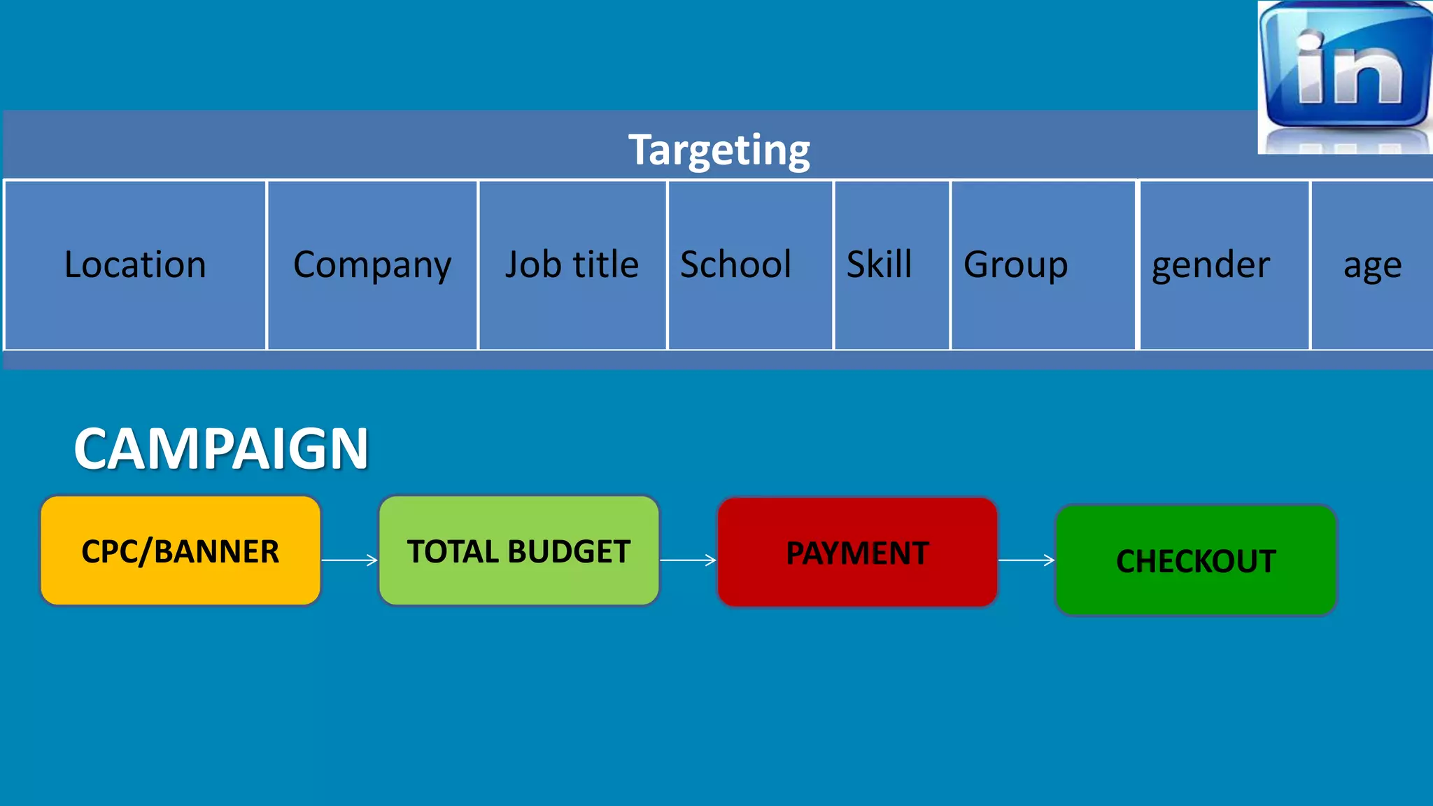 Targeting 
Location Company Job title School Skill Group gender age 
CAMPAIGN 
CPC/BANNER TOTAL BUDGET PAYMENT CHECKOUT 
 