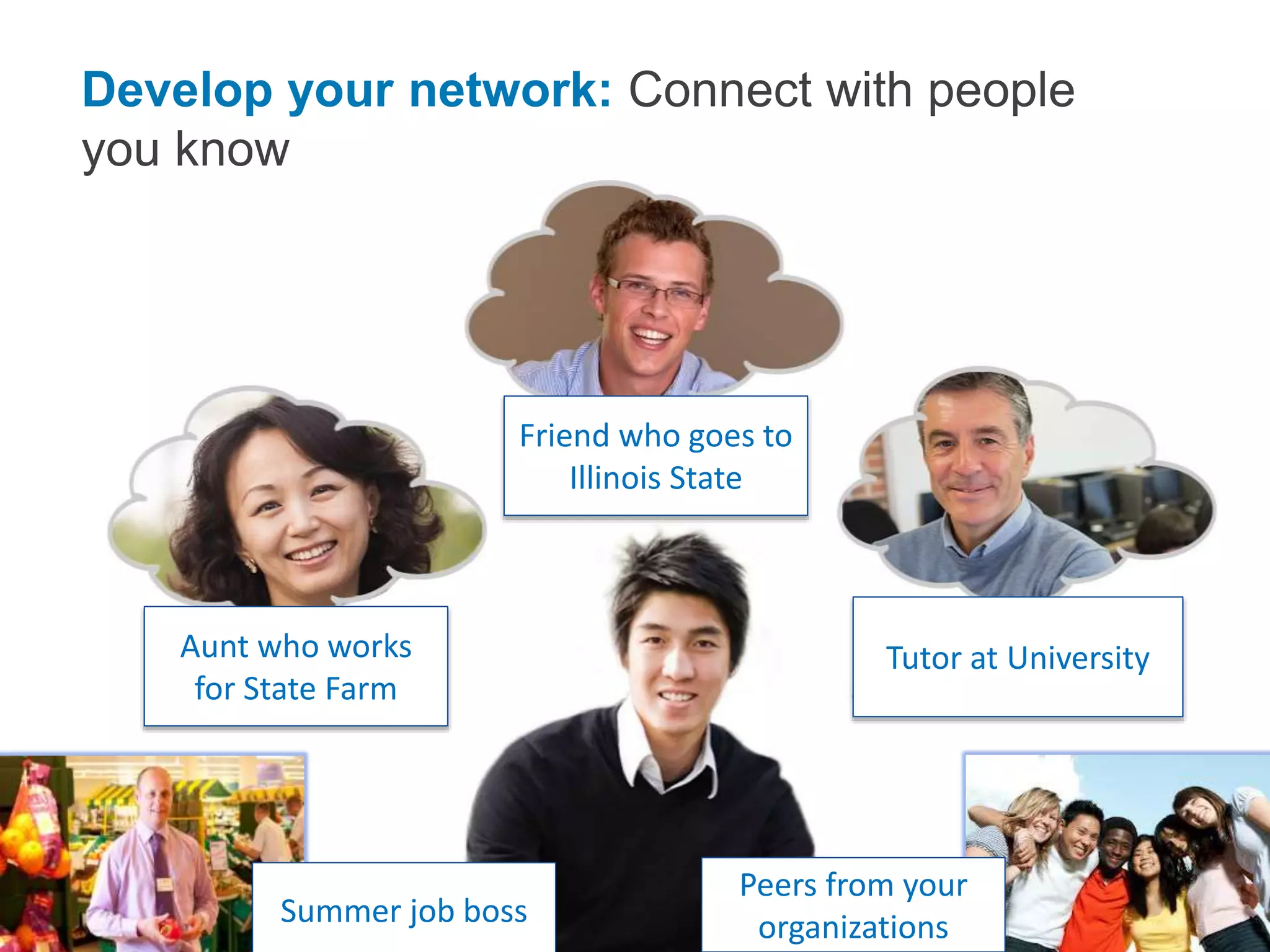 Develop your network: Connect with people
you know
Friend who goes to
Illinois State
Aunt who works
for State Farm
Tutor at University
Summer job boss
Peers from your
organizations
 