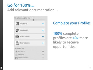 Go for 100%...
Add relevant documentation…
23
Complete your Profile!
100% complete
profiles are 40x more
likely to receive
opportunities.
 