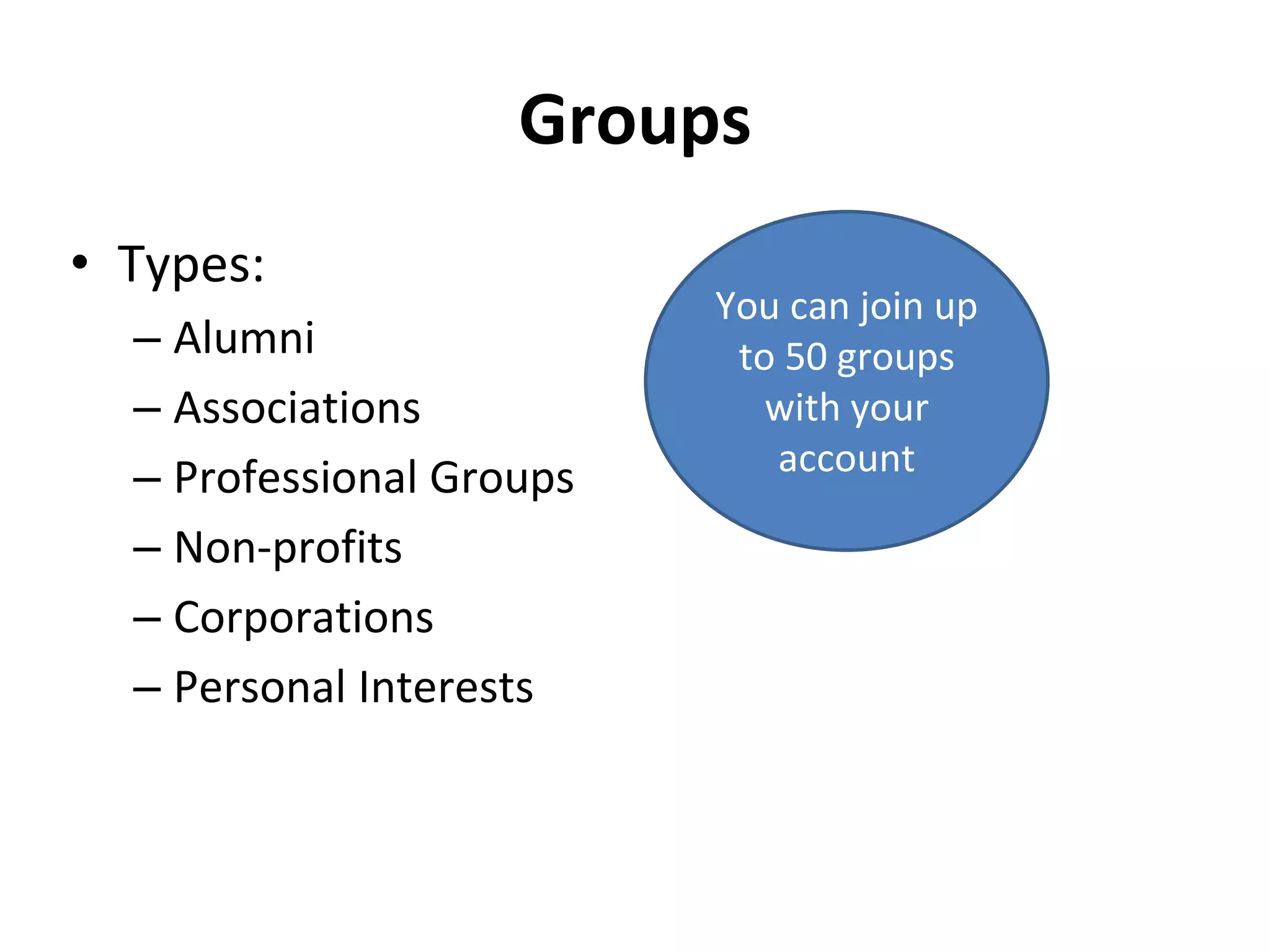 Groups
• Types:
– Alumni
– Associations
– Professional Groups
– Non-profits
– Corporations
– Personal Interests
You can join up
to 50 groups
with your
account
 
