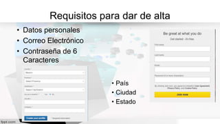 Requisitos para dar de alta
• Datos personales
• Correo Electrónico
• Contraseña de 6
Caracteres
• País
• Ciudad
• Estado
 