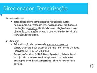  Necessidade:
• Terceirização tem como objetivo redução de custos,
minimização da gestão de recursos humanos, melhoria na
prestação de serviços, flexibilidade na relação demanda e
objeto de contratação, acesso a conhecimentos técnicos e
inovações tecnológicas
 Ameaças:
• Administração do controle de acesso aos recursos
computacionais e dos sistemas de segurança como um todo
(firewalls, IDS, IPS, SO, DB, etc…)
• Acesso ao Servidor (UID 0; Root; SysAdmin, Admin, Local,
etc...) onde os administradores possuem os mais altos
privilégios, com direitos irrestritos sobre os servidores e
devices.
 