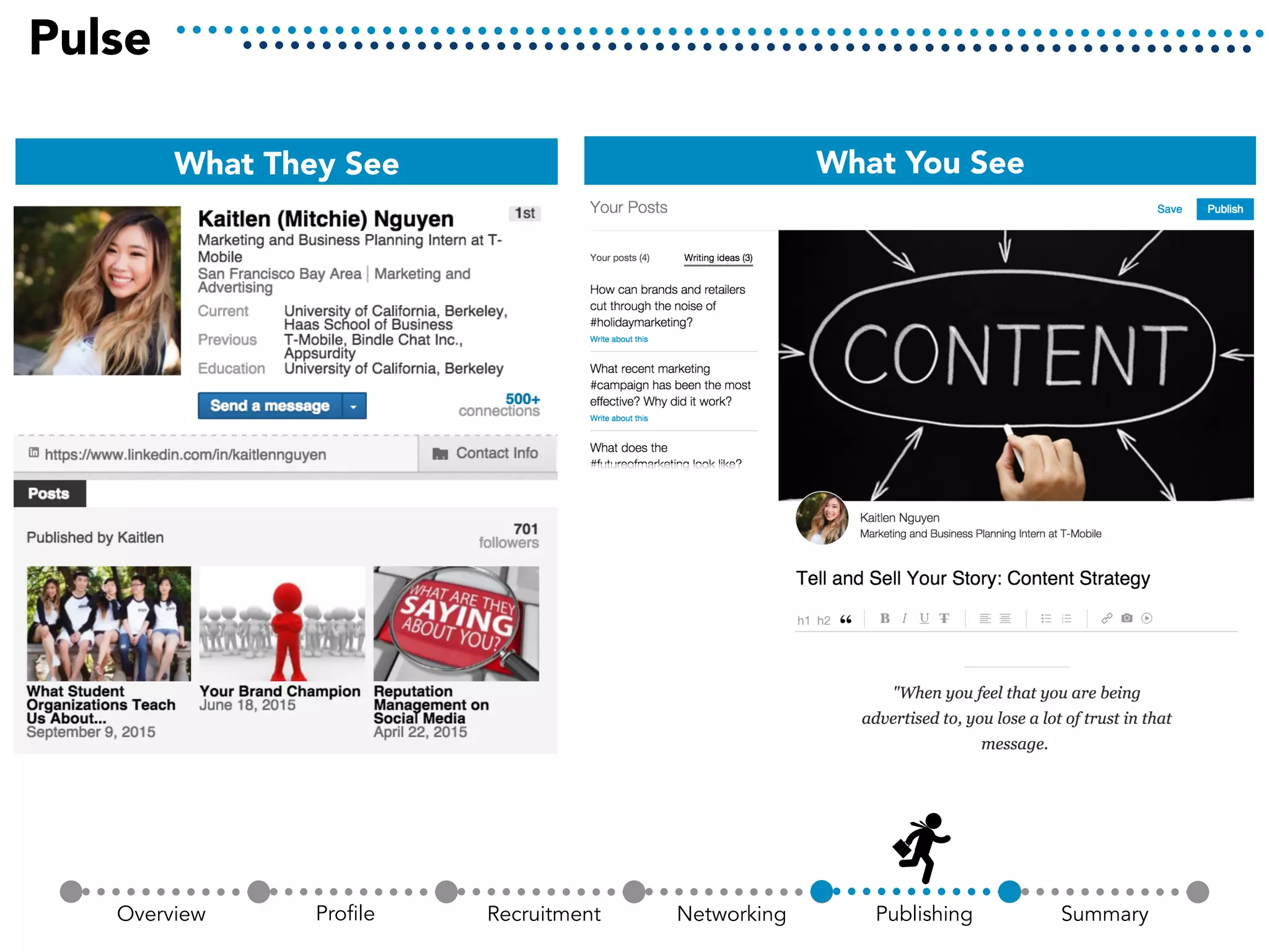 Pulse
What They See What You See
Overview Profile Recruitment SummaryNetworking Publishing
 