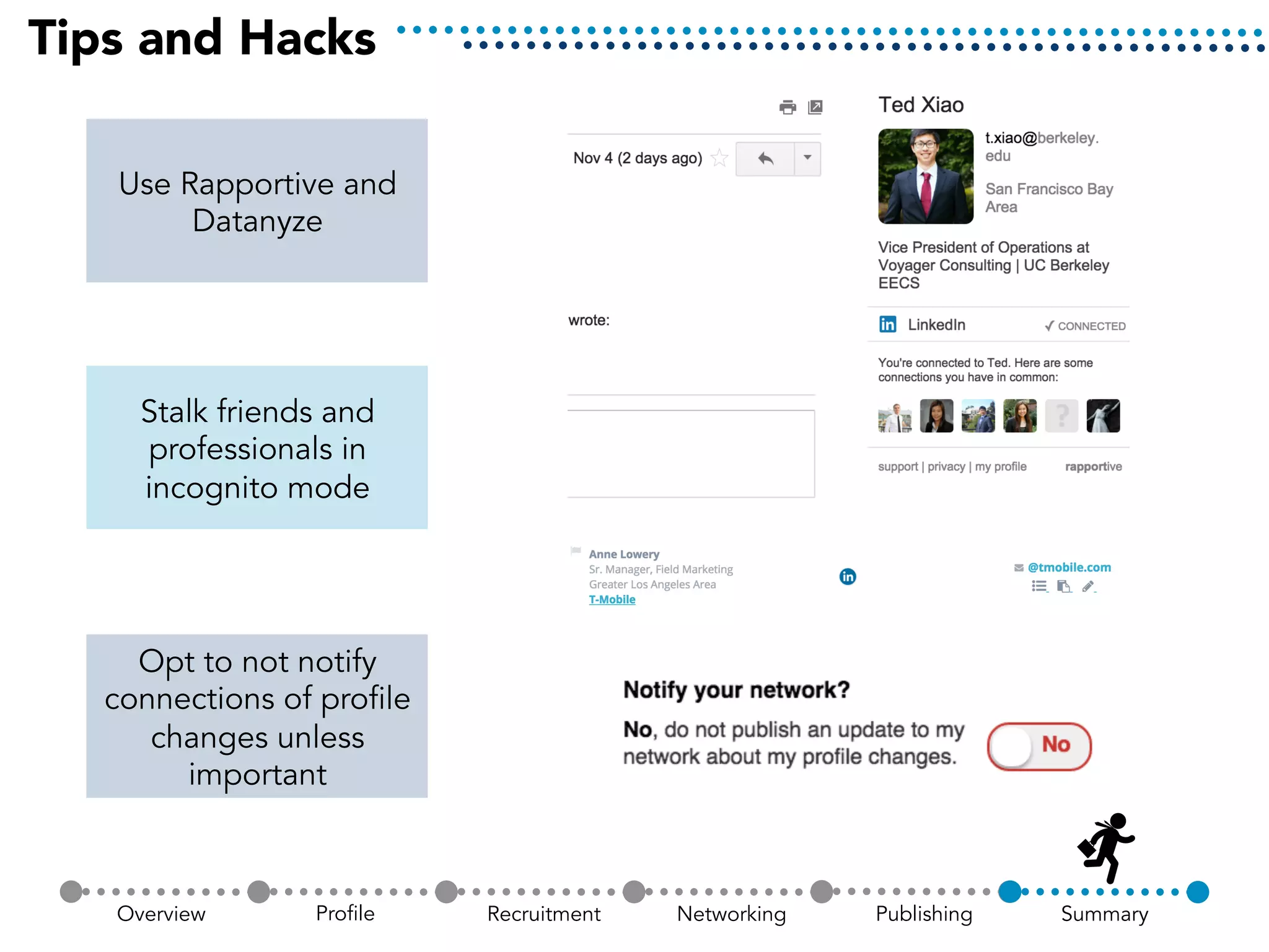 Tips and Hacks
Overview Profile Recruitment SummaryNetworking Publishing
Use Rapportive and
Datanyze
Stalk friends and
professionals in
incognito mode
Opt to not notify
connections of profile
changes unless
important
 