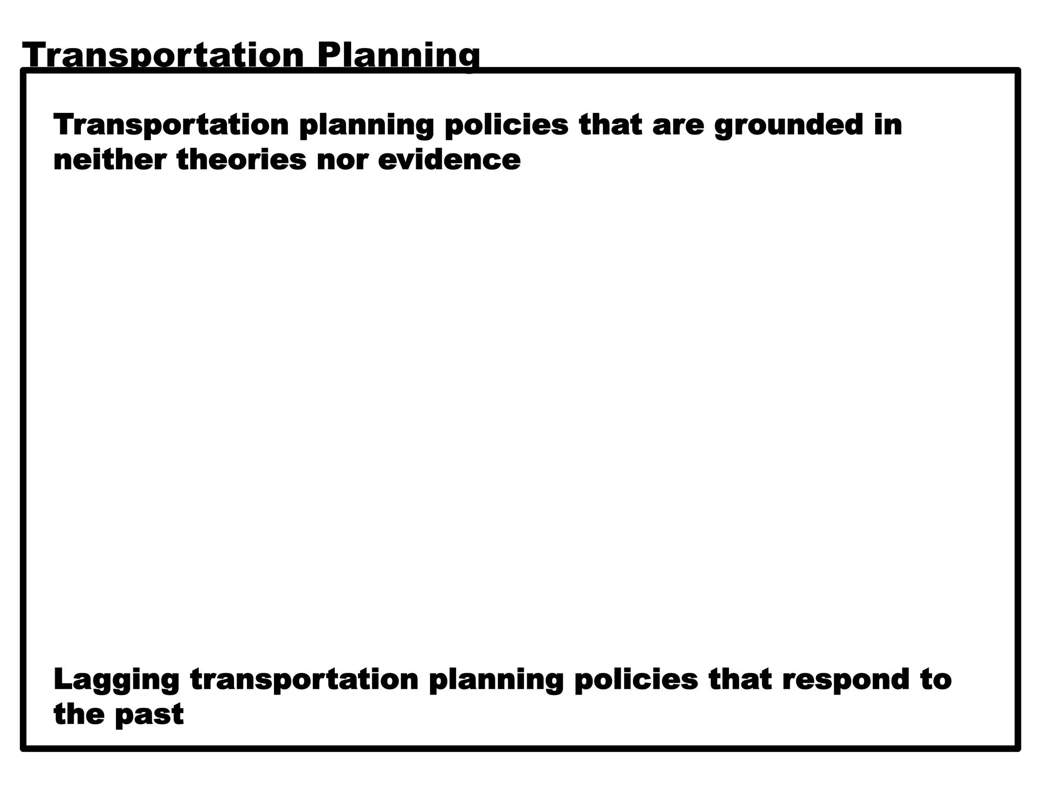 Transportation Planning
Transportation planning policies that are grounded in
neither theories nor evidence
Lagging transportation planning policies that respond to
the past
 