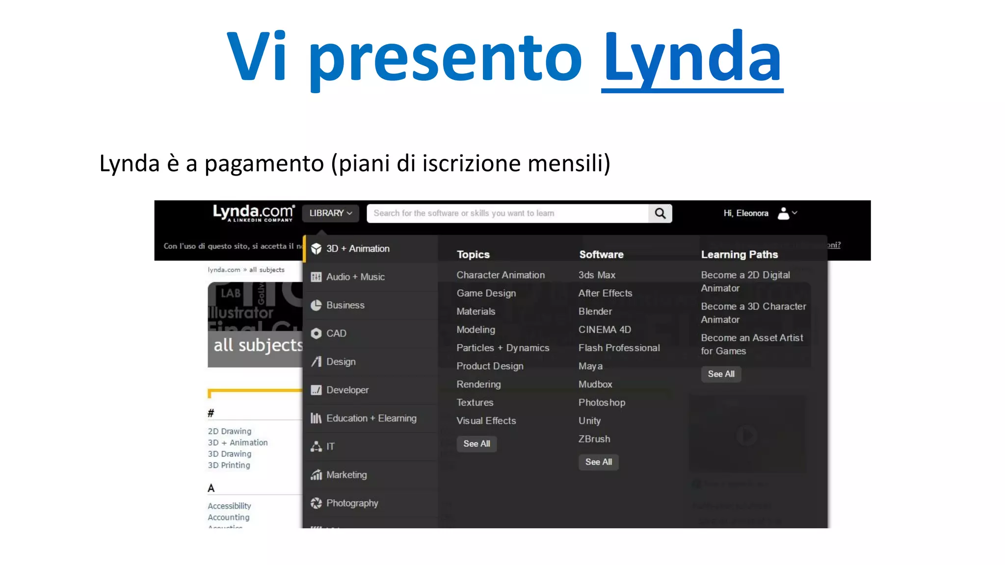 Vi presento Lynda
Lynda è a pagamento (piani di iscrizione mensili)
 