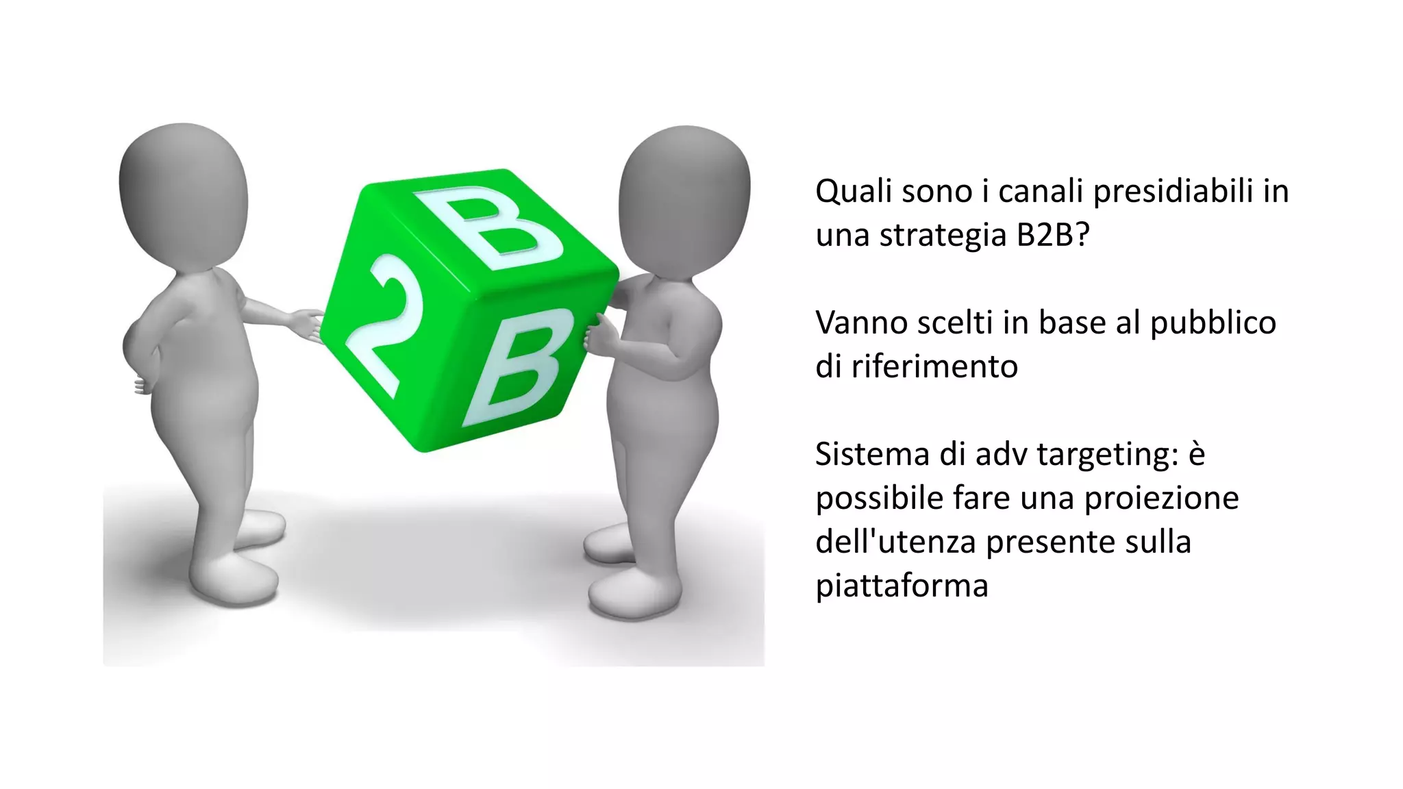 Quali sono i canali presidiabili in
una strategia B2B?
Vanno scelti in base al pubblico
di riferimento
Sistema di adv targeting: è
possibile fare una proiezione
dell'utenza presente sulla
piattaforma
 