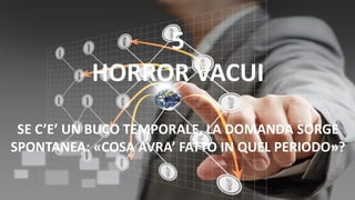 5
HORROR VACUI
SE C’E’ UN BUCO TEMPORALE, LA DOMANDA SORGE
SPONTANEA: «COSA AVRA’ FATTO IN QUEL PERIODO»?
 