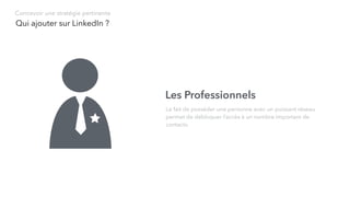 Qui ajouter sur LinkedIn ?
Concevoir une stratégie pertinente
Les Professionnels
Le fait de posséder une personne avec un puissant réseau
permet de débloquer l’accès à un nombre important de
contacts.
 