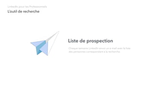 Chaque semaine LinkedIn envoi un e-mail avec la liste
des personnes correspondant à la recherche.
Liste de prospection
L’outil de recherche
LinkedIn pour les Professionnels
 