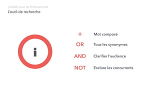 i
Mot composé
Tous les synonymes
Clariﬁer l’audience
L’outil de recherche
LinkedIn pour les Professionnels
Exclure les concurrents
+
AND
NOT
OR
 