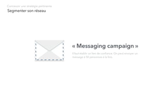 « Messaging campaign »
Il faut établir un lien de conﬁance. On peut envoyer un
message à 50 personnes à la fois.
Segmenter son réseau
Concevoir une stratégie pertinente
 