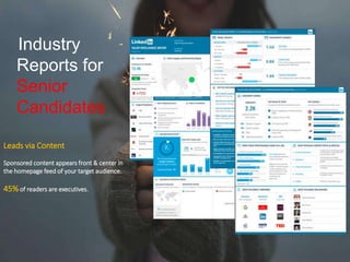 Industry
Reports for
Senior
Candidates
Leads via Content
Sponsored content appears front & center in
the homepage feed of your target audience.
45%of readers are executives.
 