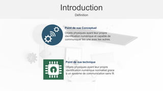 Introduction
Définition
01
02
Objets physiques ayant leur propre
identification numérique et capable de
communiquer les une avec les autres.
Point de vue Conceptuel
Objets physiques ayant leur propre
identification numérique normalisé grace
à un systéme de communication sans fil.
Point de vue technique
 