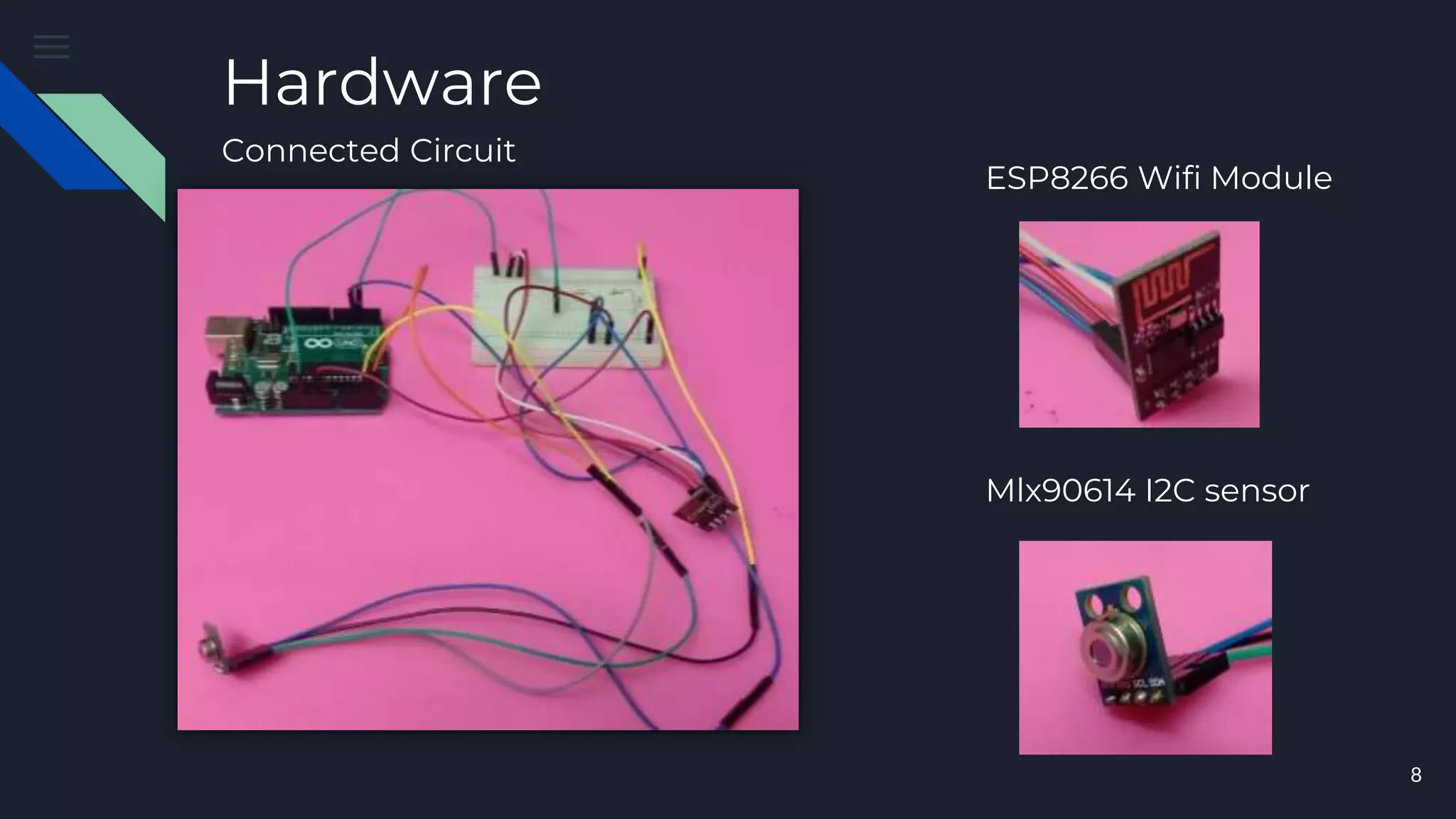 Hardware
8
Connected Circuit
ESP8266 Wifi Module
Mlx90614 I2C sensor
 