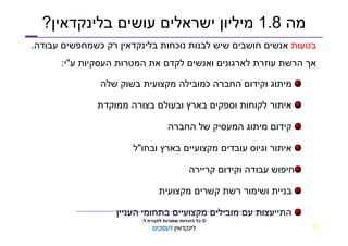 ‫ותפעול‬ ‫אספקה‬ ‫שרשרת‬ ‫מקצועני‬ ‫לגיוס‬ ‫בארץ‬ ‫המובילה‬ ‫החברה‬
©‫ל‬ ‫לחברת‬ ‫שמורות‬ ‫הזכויות‬ ‫כל‬:
8
‫מה‬1.8‫בלינקדאין‬ ‫עושים‬ ‫ישראלים‬ ‫מיליון‬?
‫בטעות‬‫נוכחות‬ ‫לבנות‬ ‫שיש‬ ‫חושבים‬ ‫אנשים‬‫בלינקדאין‬‫עבודה‬ ‫כשמחפשים‬ ‫רק‬.
‫ע‬ ‫העסקיות‬ ‫המטרות‬ ‫את‬ ‫לקדם‬ ‫ואנשים‬ ‫לארגונים‬ ‫עוזרת‬ ‫הרשת‬ ‫אך‬"‫י‬:
‫שלה‬ ‫בשוק‬ ‫מקצועית‬ ‫כמובילה‬ ‫החברה‬ ‫וקידום‬ ‫מיתוג‬
‫ממוקדת‬ ‫בצורה‬ ‫ובעולם‬ ‫בארץ‬ ‫וספקים‬ ‫לקוחות‬ ‫איתור‬
‫החברה‬ ‫של‬ ‫המעסיק‬ ‫מיתוג‬ ‫קידום‬
‫ובחו‬ ‫בארץ‬ ‫מקצועיים‬ ‫עובדים‬ ‫וגיוס‬ ‫איתור‬"‫ל‬
‫קריירה‬ ‫וקידום‬ ‫עבודה‬ ‫חיפוש‬
‫מקצועית‬ ‫קשרים‬ ‫רשת‬ ‫ושימור‬ ‫בניית‬
‫העניין‬ ‫בתחומי‬ ‫מקצועיים‬ ‫מובילים‬ ‫עם‬ ‫התייעצות‬
 