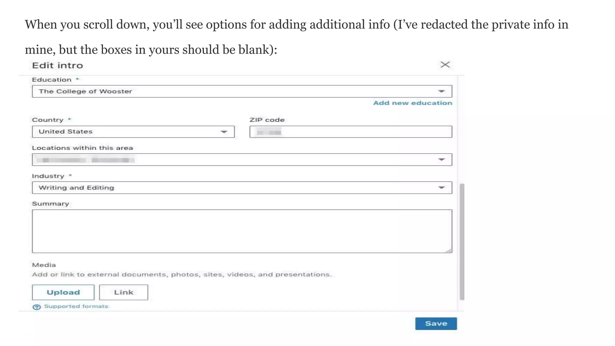 When you scroll down, you’ll see options for adding additional info (I’ve redacted the private info in
mine, but the boxes in yours should be blank):
 