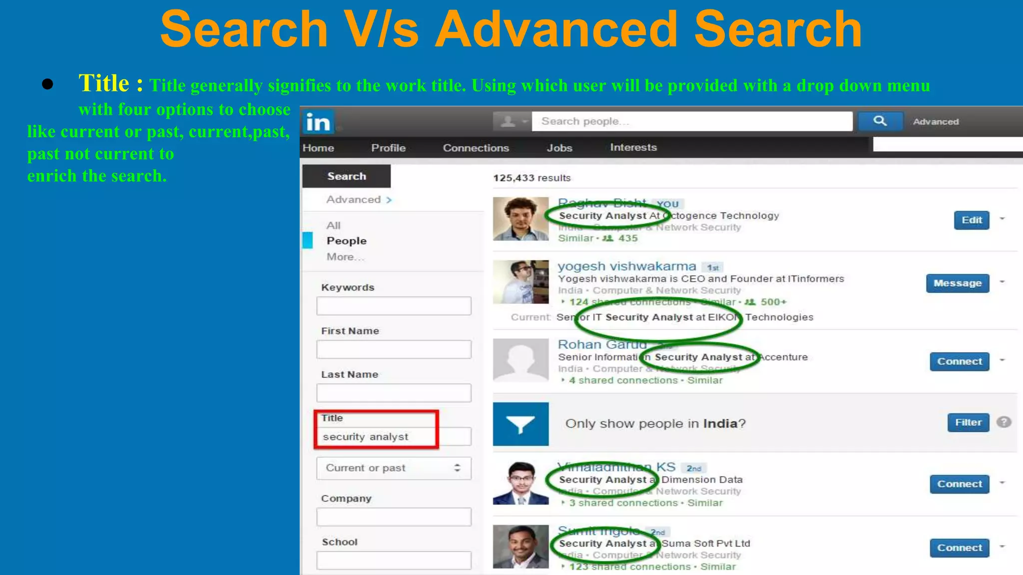 Search V/s Advanced Search
● Title : Title generally signifies to the work title. Using which user will be provided with a drop down menu
with four options to choose
like current or past, current,past,
past not current to
enrich the search.
 