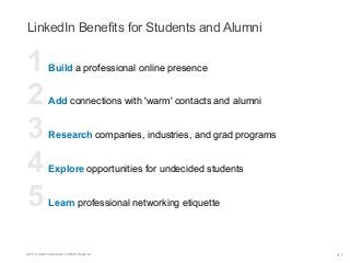LinkedIn Benefits for Students and Alumni

1 
2 
3 
4 
5 

Build a professional online presence
Add connections with 'warm' contacts and alumni
Research companies, industries, and grad programs
Explore opportunities for undecided students
Learn professional networking etiquette

©2013 LinkedIn Corporation. All Rights Reserved.

41

 