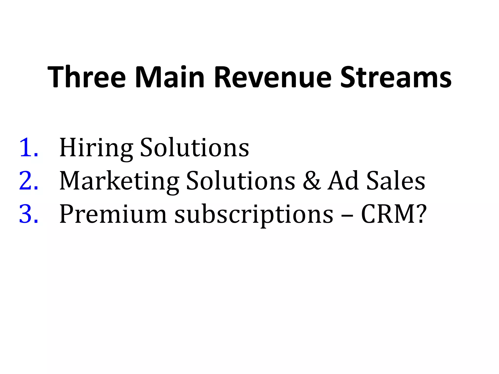 Three Main Revenue Streams
1. Hiring Solutions
2. Marketing Solutions & Ad Sales
3. Premium subscriptions – CRM?
 