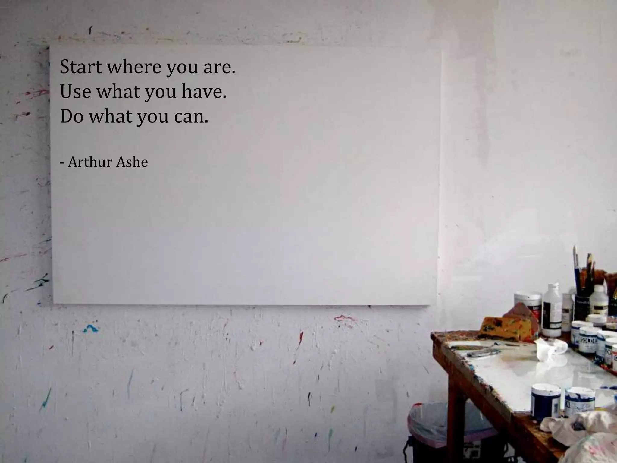 Start where you are.
Use what you have.
Do what you can.
- Arthur Ashe
 